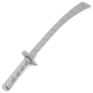 May include: A silver-colored sword with a curved blade and a handle decorated with hearts.