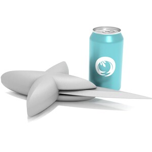 May include: A white, star-shaped object with a blue can featuring a white logo. The can has a silver top and bottom.