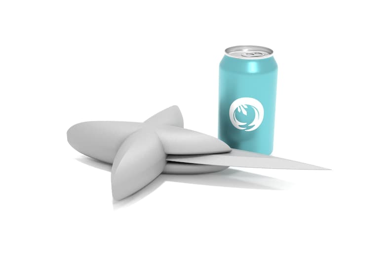 May include: A white, star-shaped object with a blue can featuring a white logo. The can has a silver top and bottom.
