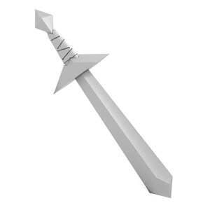 May include: A silver sword with a diamond-shaped point and a wrapped handle.