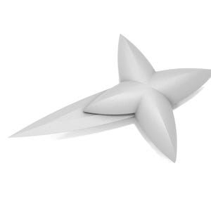 May include: A white, four-pointed star-shaped object made of paper. The star is folded in half, with one half of the star overlapping the other half.