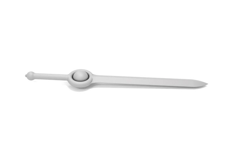 May include: A white sword with a round, white pommel. The sword has a simple design and is made of a smooth, white material.