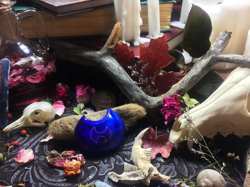 May include: A blue and silver pendant with a crescent moon design, surrounded by dried flowers, a skull, and a branch. The pendant is on a dark surface.