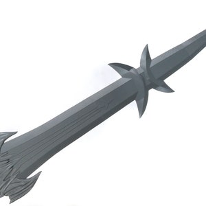 May include: A silver-colored sword with a pointed tip and a star-shaped design at the end of the blade. The blade has a textured surface and a decorative design along the length of the blade.