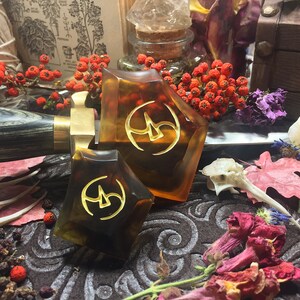 May include: Two amber-colored resin dice with gold-colored symbols on each face. The dice are on a dark brown surface with dried flowers and other natural elements.