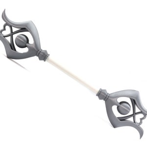 May include: A silver-colored scepter with a decorative, ornate design featuring hearts and circles. The scepter has a white shaft.
