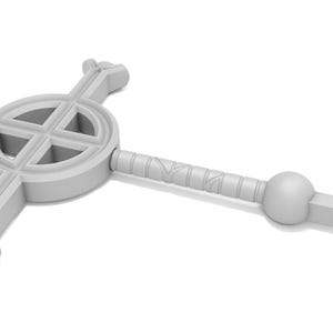 May include: A white, detailed, decorative sword with a round, cross-shaped guard and a round pommel.