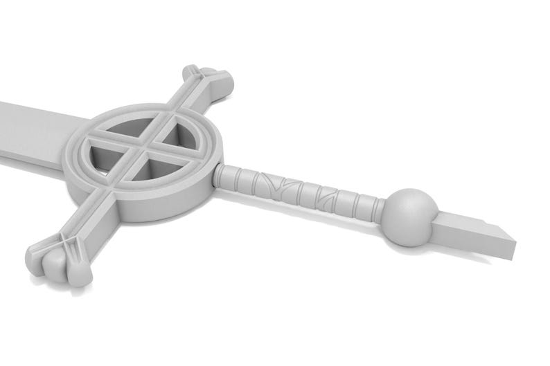 May include: A white, detailed, decorative sword with a round, cross-shaped guard and a round pommel.