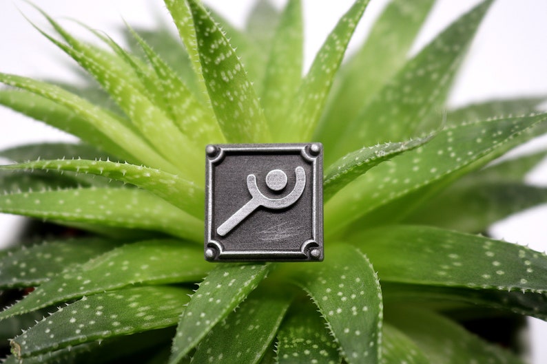 Peut inclure: Une &eacute;pingle en m&eacute;tal argent&eacute; avec une image stylis&eacute;e d'une personne tenant une loupe. L'&eacute;pingle est de forme carr&eacute;e et a un fond noir. L'&eacute;pingle est pos&eacute;e sur une plante succulente verte.