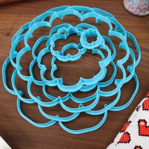 May include: A set of six blue plastic cookie cutters shaped like a flower. The cutters are nested inside each other, with the largest cutter at the bottom and the smallest cutter at the top.