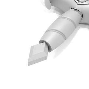 May include: A white sword with a diamond-shaped tip. The sword's handle has a cylindrical design with a series of ridges. The blade is angled, and the overall design is simple and elegant. The image is set against a white background.