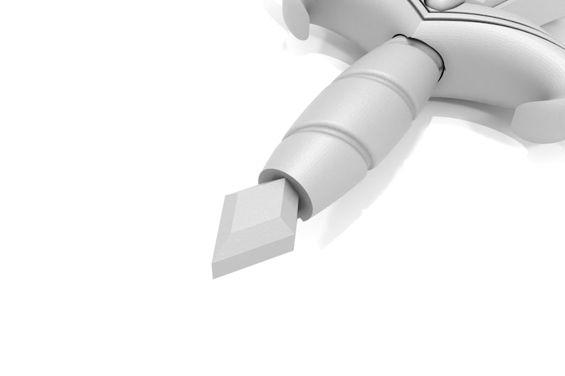 May include: A white sword with a diamond-shaped tip. The sword's handle has a cylindrical design with a series of ridges. The blade is angled, and the overall design is simple and elegant. The image is set against a white background.