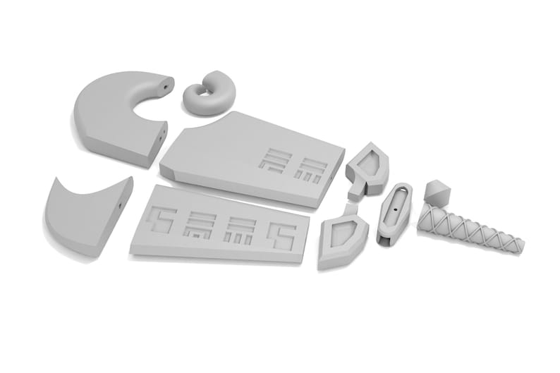May include: A set of gray plastic pieces that can be assembled into a model of a spaceship. The pieces include a large wing, a smaller wing, a cockpit, a tail fin, and a small, round piece.