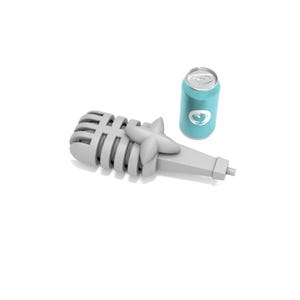 May include: A white microphone with a star-shaped design and a blue can of soda.