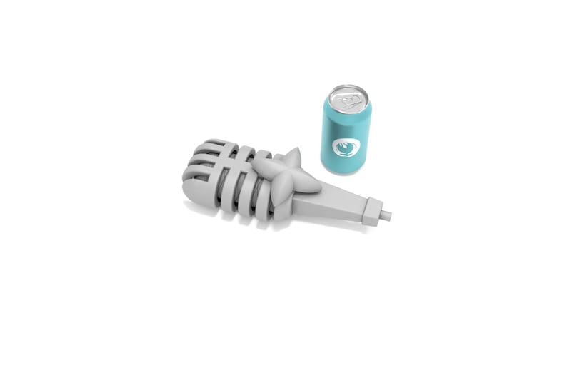 May include: A white microphone with a star-shaped design and a blue can of soda.