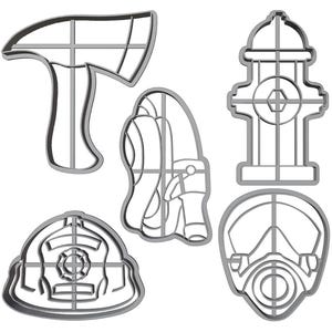 May include: Set of five metal cookie cutters shaped like firefighter equipment: a fire hydrant, a helmet, an axe, a boot, and a gas mask.