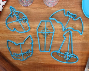 Spooky Halloween Cookie Cutters: Bat, Coffin, Witch Hat, Skull, Cat