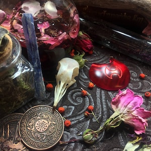 May include: A collection of witchy items including a glass jar filled with dried herbs, a glass bottle with dried flowers, a blue crystal, a red glass pendant with a symbol, a dried flower, and a white bone.