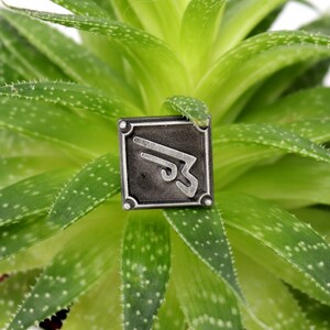May include: A silver metal pin with a stylized design of a winged arrow. The pin is on a green succulent plant.