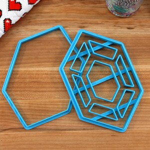 Op de afbeelding: Twee blauwe plastic koekjesvormen in de vorm van zeshoeken. De grotere vorm heeft een geometrisch ontwerp in de zeshoek.