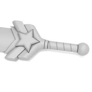 May include: A light gray sword with a star-shaped design on the hilt. The handle has a spiral design and ends with a rounded ball. The blade is wide and flat.