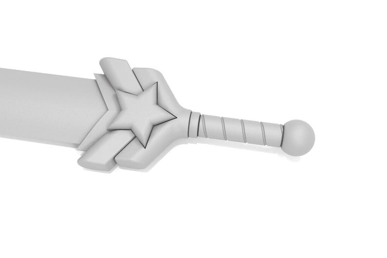 May include: A light gray sword with a star-shaped design on the hilt. The handle has a spiral design and ends with a rounded ball. The blade is wide and flat.