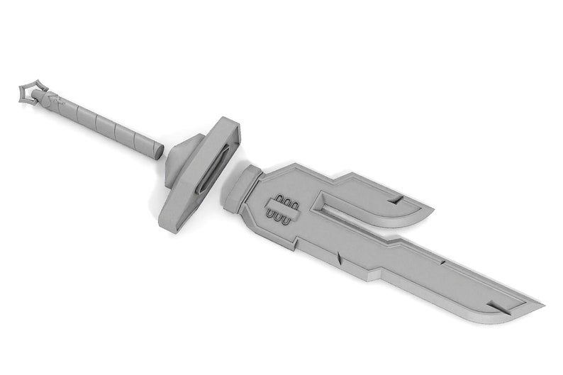 May include: A disassembled silver-colored sword with a detailed handle and a futuristic blade design.