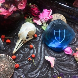 May include: A blue glass shield with a white symbol in the center, surrounded by dried flowers and other natural elements.