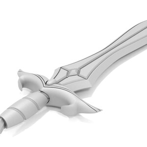 May include: A stylized, light gray dagger with a diamond-shaped design on the hilt and blade. The handle has a cylindrical shape with horizontal ridges. The blade has a symmetrical design with a pointed tip.