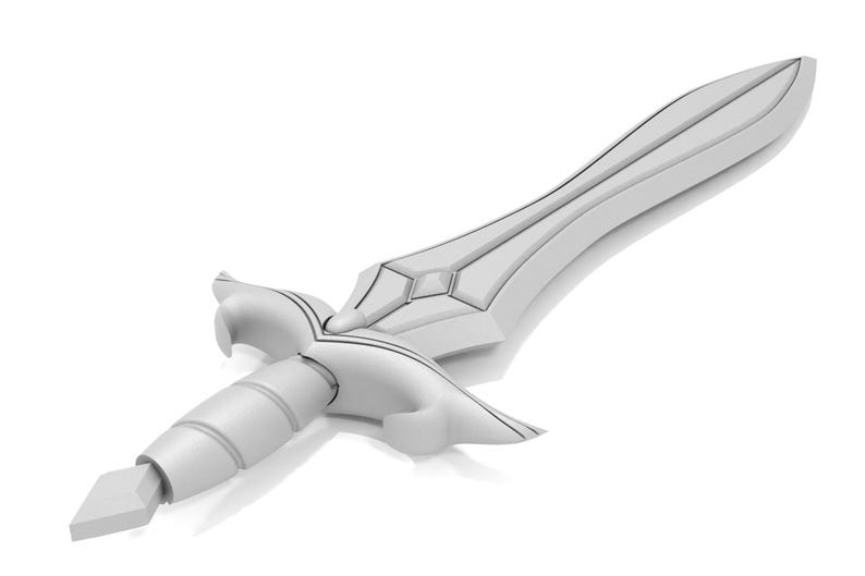 May include: A stylized, light gray dagger with a diamond-shaped design on the hilt and blade. The handle has a cylindrical shape with horizontal ridges. The blade has a symmetrical design with a pointed tip.