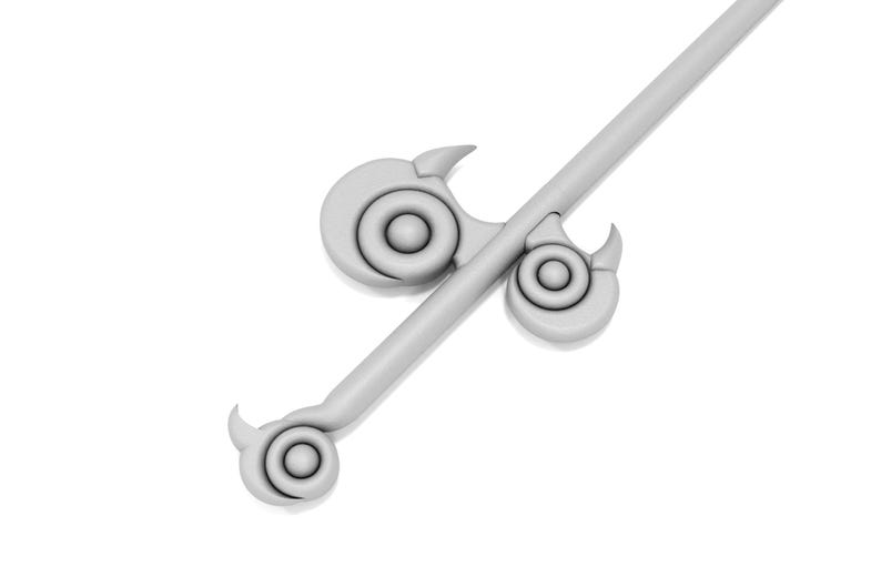 May include: A white, decorative, metal spearhead with three circular designs. The spearhead is attached to a long, thin, white shaft.