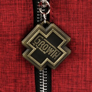May include: A red fabric bag with a zipper and a gold metal charm with the word "GROWTH" on it.