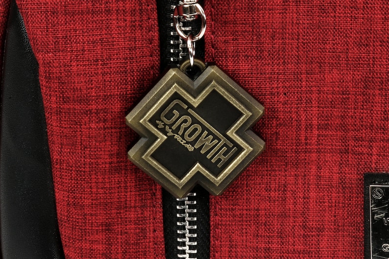 May include: A red fabric bag with a zipper and a gold metal charm with the word "GROWTH" on it.
