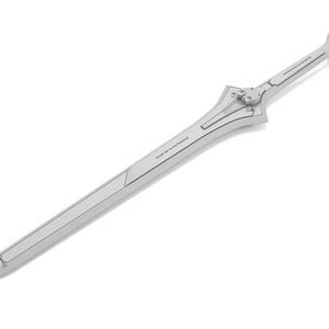 May include: A light gray sword with a pointed tip and a detailed hilt. The blade has a rectangular design with text along the side. The hilt features a complex design with several circular accents and a rectangular piece at the end.