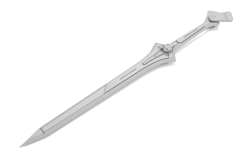 May include: A light gray sword with a pointed tip and a detailed hilt. The blade has a rectangular design with text along the side. The hilt features a complex design with several circular accents and a rectangular piece at the end.