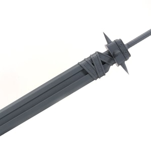 May include: A grey, metal sword with a pointed tip and a textured handle. The sword has a long, straight blade and a decorative design on the handle.