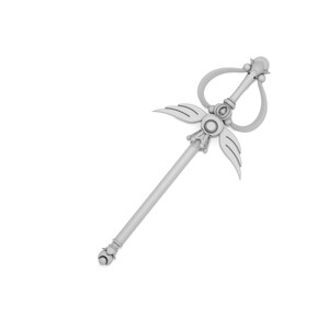 May include: A silver wand with a heart-shaped loop at the top and wings on either side. The wand has a decorative design with a circular element in the center.