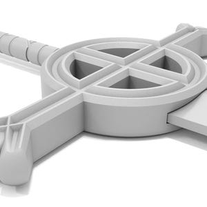 May include: A white plastic sword with a circular guard featuring a cross design. The sword has a rounded pommel and a straight blade.