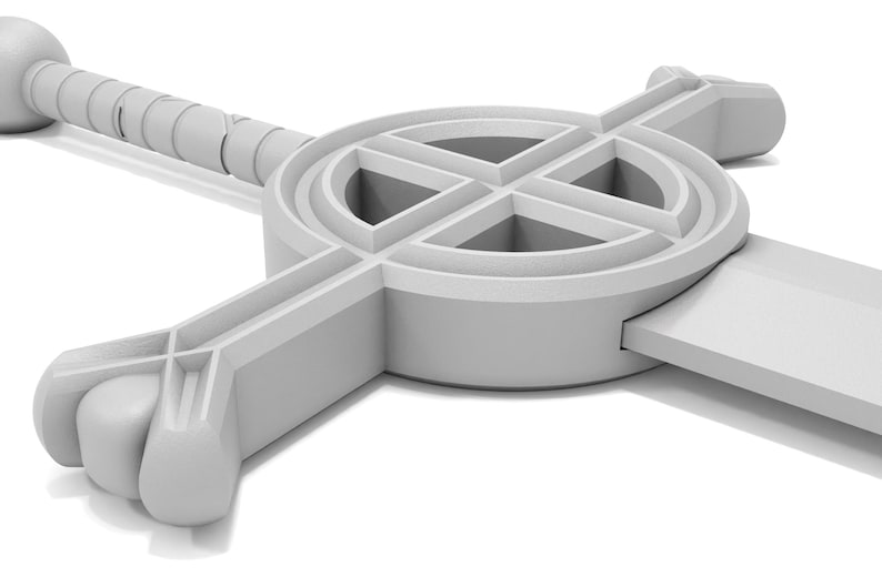 May include: A white plastic sword with a circular guard featuring a cross design. The sword has a rounded pommel and a straight blade.