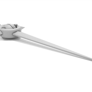 May include: A white, stylized, 3D model of a sword with a decorative pommel.