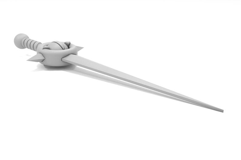 May include: A white, stylized, 3D model of a sword with a decorative pommel.