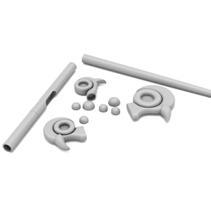 May include: A set of white plastic parts for a model kit. The set includes two long rods, two curved pieces, and several small round pieces.