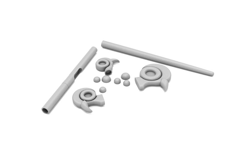 May include: A set of white plastic parts for a model kit. The set includes two long rods, two curved pieces, and several small round pieces.