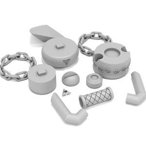 May include: A set of gray plastic 3D printed pieces for a model kit. The pieces include a chain, a round base with a design, a cylinder with a grid pattern, and several other shapes.