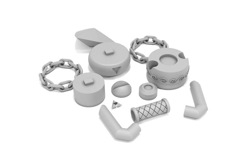 May include: A set of gray plastic 3D printed pieces for a model kit. The pieces include a chain, a round base with a design, a cylinder with a grid pattern, and several other shapes.