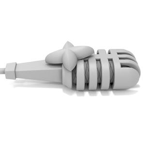 May include: A white, plastic microphone with a decorative star-shaped top. The microphone has a ribbed design and a small hole at the bottom.