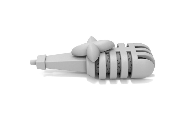 May include: A white, plastic microphone with a decorative star-shaped top. The microphone has a ribbed design and a small hole at the bottom.