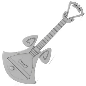 May include: A silver-colored guitar with a unique, ornate design. The guitar has a curved body and a long neck with intricate details.
