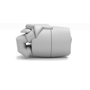 May include: A white, 3D printed model of a robotic hand, with the fingers closed into a fist.