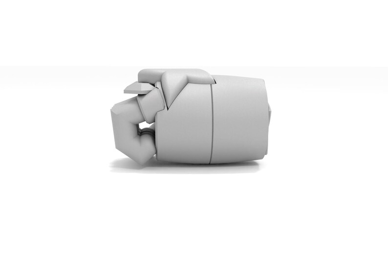 May include: A white, 3D printed model of a robotic hand, with the fingers closed into a fist.